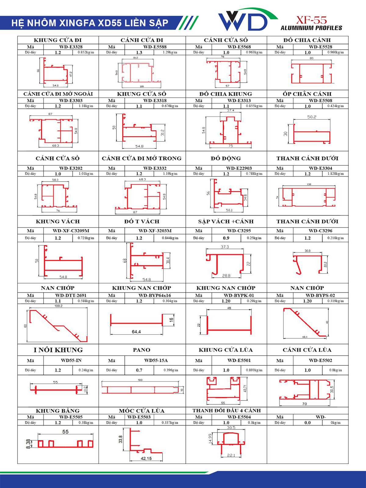 Hệ nhôm Xingfa WD55 liền sập